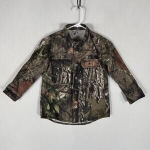 Hunters Choice Mossy Oak Camo Button Up Shirt Boys Small Long Sleeve Green Top